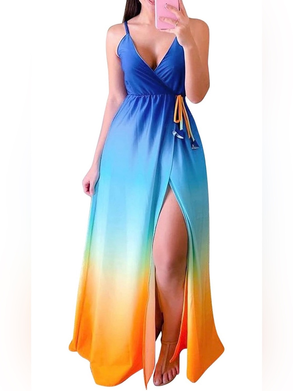 CHICME Women’s S Blue Orange Ombre Maxi Wrap Dress Side Slit Spaghetti Strap